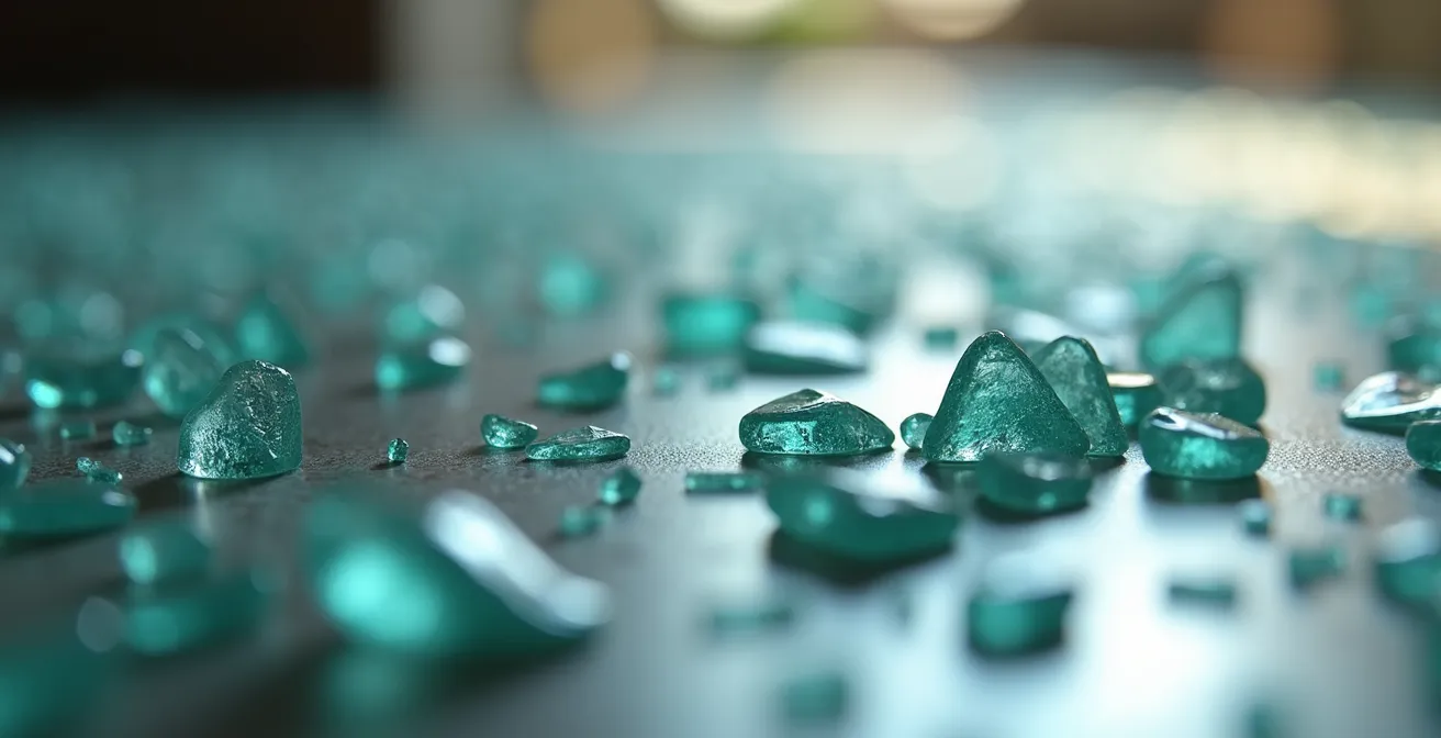 Photo macro réaliste de petits éclats de verre sur un sol, avec une texture capturée en haute résolution, lumière cinématographique naturelle douce.