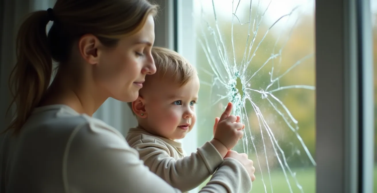 Photo réaliste d'un intérieur de maison avec un adulte évaluant calmement une fenêtre cassée tout en éloignant un enfant.