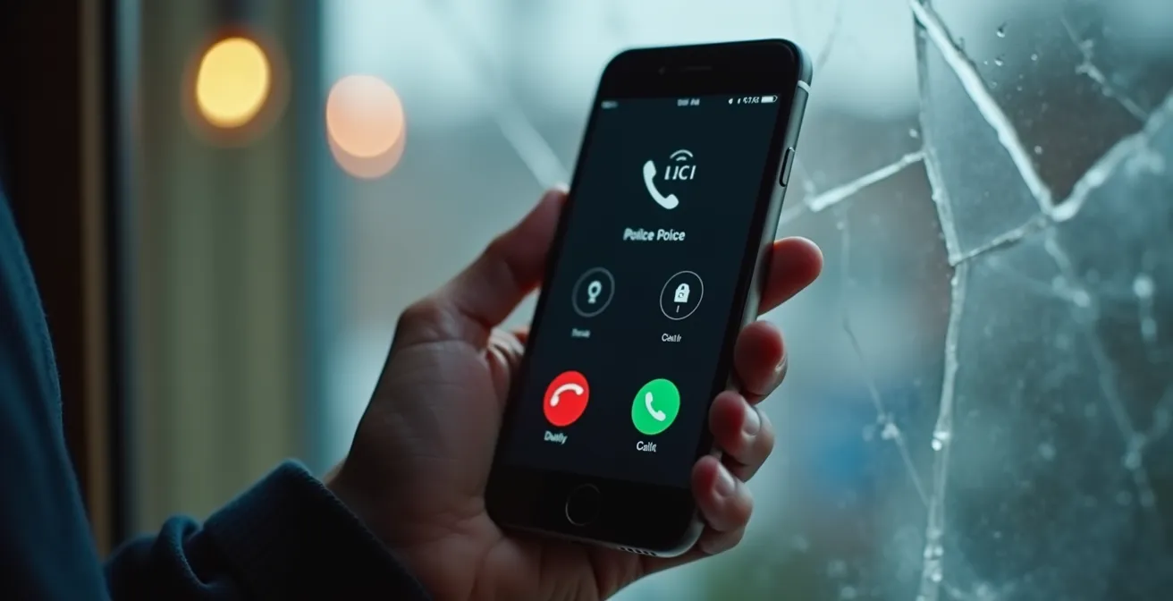 Plan serré d'une main tenant un téléphone affichant une conversation avec la police, avec un fond flou suggérant une vitre cassée derrière.
