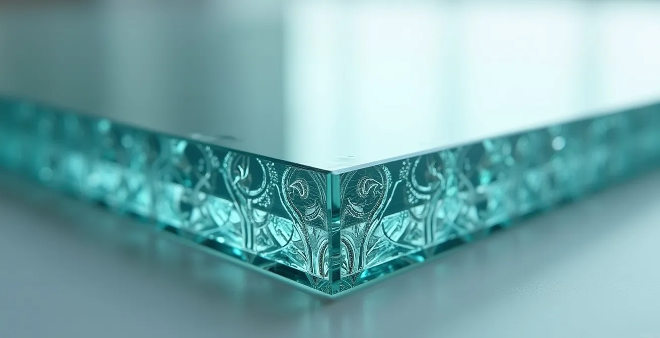 Gros plan sur une surface de vitrage feuilleté avec détails de la texture renforcée, lumière naturelle et nuances subtiles.