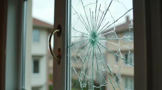 Photo réaliste d'une maison avec une fenêtre cassée protégée par un panneau temporaire. L'image montre une composition équilibrée avec un cadre baigné par une lumière naturelle douce, fond neutre, et un espace négatif exploitable sur le côté. La scène transmet la notion de sécurité domestique, urgence et protection sans aucun texte, chiffres, logos ni éléments UI visibles.