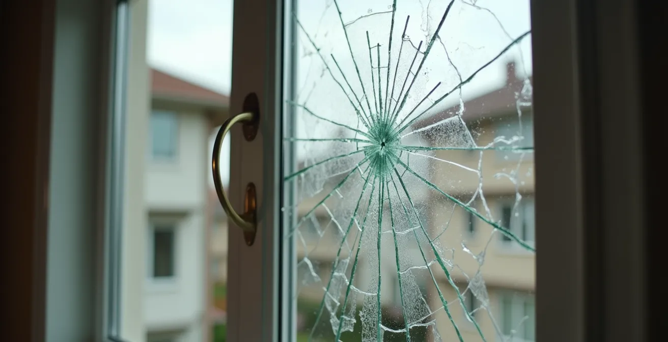 Photo réaliste d'une maison avec une fenêtre cassée protégée par un panneau temporaire. L'image montre une composition équilibrée avec un cadre baigné par une lumière naturelle douce, fond neutre, et un espace négatif exploitable sur le côté. La scène transmet la notion de sécurité domestique, urgence et protection sans aucun texte, chiffres, logos ni éléments UI visibles.